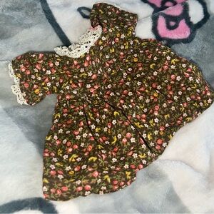 Vintage Brown Floral Puff-Sleeve 6” Doll Dress Lined W/ Lace Trimmed
